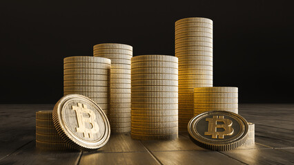Stack of golden bitcoins on the wooden background. 3D render, BTC Currency Technology