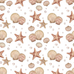 Watercolor seamless pattern with vintage seashells and pearls isolated on white background. Marine collection.
