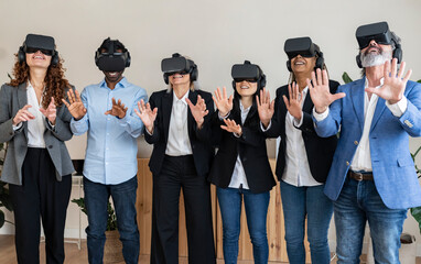 group of people of different ages office workers with virtual reality goggles - workers of the...