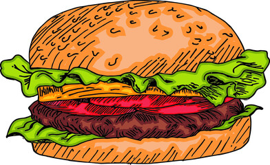 Hamburger, Burger Fast food Illustration, digital art , restaurant artwork. Tasty junk food. Meet drawing. Hand draw.
Vector Modern sketch style
