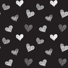 Seamless pattern with hand drawn hearts in doodle style. Black and white colors. Valentines day love and wedding texture background. Beautiful print for textile, cards, gift wrap, design and decor. 