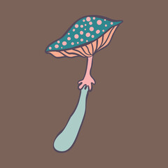 Magic mushroom. Psychedelic hallucination. Vector illustration in pastel colors isolated. 60s trippy hippie art for sticker, patch or poster design.