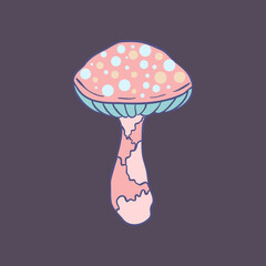 Magic mushroom. Psychedelic hallucination. Vector illustration in pastel colors isolated. 60s trippy hippie art for sticker, patch or poster design.