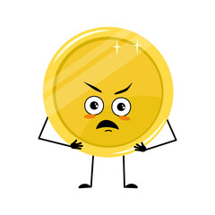 Cute golden coin character with angry emotions, grumpy face, furious eyes, arms and legs. Money person with annoyed expression and pose. Vector flat illustration
