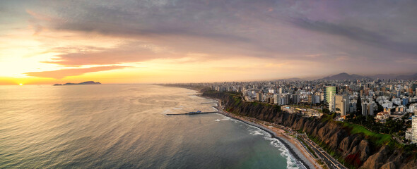 Lima, Peru along the coast also known as Circuito de Playas de la Costa Verde at a golden hour...