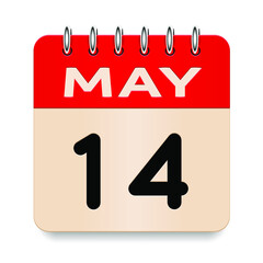 14 day of the month. May. Flip old formal calendar. 3d daily icon. Date. Week Sunday, Monday, Tuesday, Wednesday, Thursday, Friday, Saturday. Cut paper. White background. Vector illustration. 