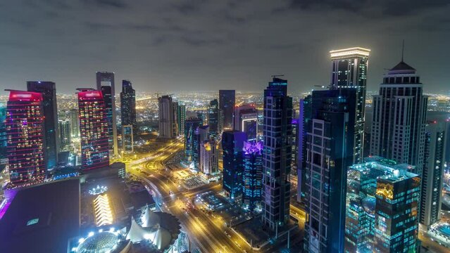 The skyline of the West Bay area from top in Doha day to night timelapse, Qatar.