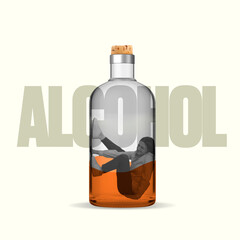 Contemporary art collage. Young woman trying to get out from bottle with alcohol isolated over yellow background