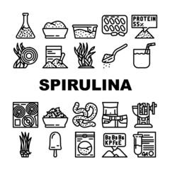 Spirulina Nutrition Ingredient Icons Set Vector. Spirulina Natural Ice Cream Food And Vitamin Healthcare Drink, Seaweed And Algae Plant For Prepare Tablets Drug And Powder Black Contour Illustrations