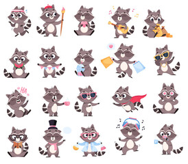 Fototapeta premium Funny racoon in different poses cartoon illustration set. Cute pet running, playing guitar, smiling, reading book, having fun, eating and drinking on white background. Wildlife animal concept