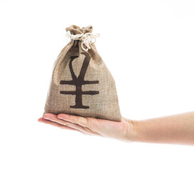 Hand holding a money bag with Chinese yuan sign