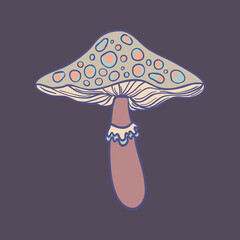 Magic mushroom. Psychedelic hallucination. Vector illustration in pastel colors isolated. 60s trippy hippie art for sticker, patch or poster design.