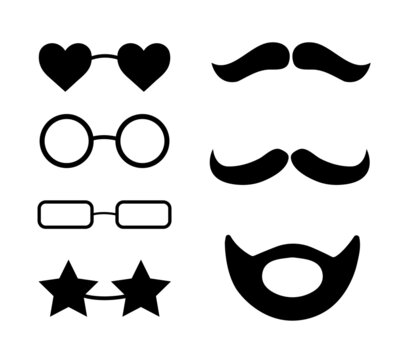 Collection of glasses and mustaches isolated icons. Festive silhouettes. Vector illustration.