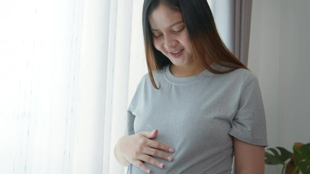 Young beautiful pregnant woman at home, maternity and pregnancy care concept
