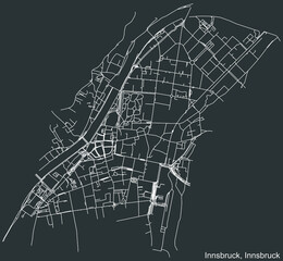 Detailed negative navigation white lines urban street roads map of the INNSBRUCK DISTRICT of the Austrian regional capital city of Innsbruck, Austria on dark gray background