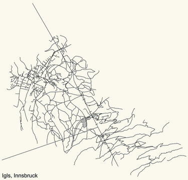 Detailed navigation black lines urban street roads map of the IGLS DISTRICT of the Austrian regional capital city of Innsbruck, Austria on vintage beige background