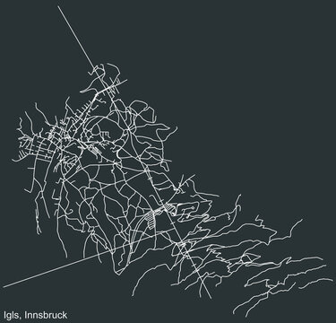 Detailed negative navigation white lines urban street roads map of the IGLS DISTRICT of the Austrian regional capital city of Innsbruck, Austria on dark gray background