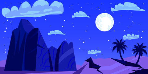 Night desert landscape mexican natural background with cacti rocks and dry deserted land under starry sky with full moon glow twilight picturesque nature parallax scene cartoon vector illustration