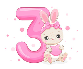 Cartoon illustration "Happy birthday, 3 year", cute bunny. Vector illustration.