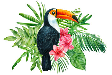 floral exotic illustration with bird, tropical leaves, plumeria flowers. Toucan watercolor Isolated on white background