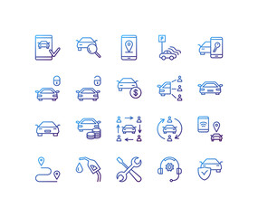Car sharing flat line icons set. Collaborative consumption, car rental service, key, blocked car, pointer, searching of car. Simple flat vector illustration for store, web site or mobile app