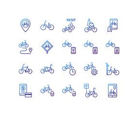 Bike sharing flat line icons set. Urban transportation, rent a bike, bicycle parking, bike rental app, padlock. Simple flat vector illustration for store, web site or mobile app