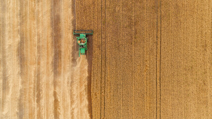 Aerial view combine harvester harvesting on the field
