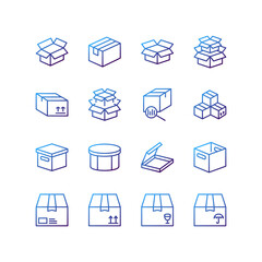 Box flat line icons set. Carton, wood boxes, product package, gift vector illustrations. Simple flat vector illustration for web site or mobile app