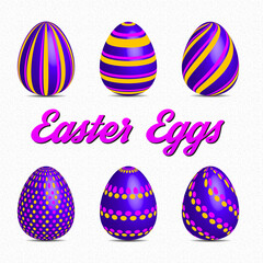Set of Purple Easter Eggs Symbol with Different Texture on White Background. Happy Easter Day Vector Illustration