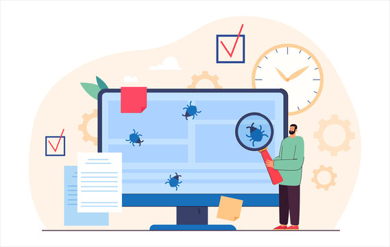 Tiny programmer testing software and fixing bugs. Quality assurance, application test flat vector illustration. Software development service, programming concept for banner or landing web page