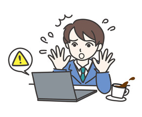 パソコンが突然クラッシュしてビックリしている男の子A【ノートパソコン】