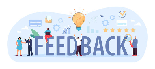 Tiny business team people with word feedback. Customer relationship management or CRM, persons voting and leaving reviews, flat vector illustration. Customer feedback, assessment concept for banner