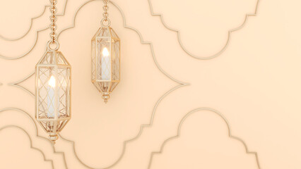 oriental pattern golden lantern on cream oriental pattern background,3d rendering