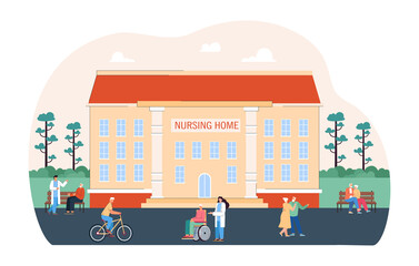 Nursing home exterior with patients, caregivers and visitors. Group of old people with nurses or carers outside building flat vector illustration. Elderly care, health, treatment concept for banner