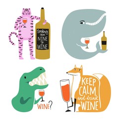 Vector set with whale, tiger, dinosaur, fox and wine. Lettering typography collection with drinks and animals - 495955936