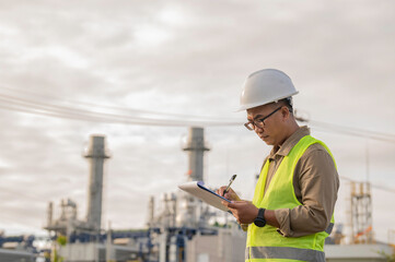 Asian man petrochemical engineer working at oil and gas refinery plant industry factory,The people worker man engineer work control at power plant energy industry manufacturing