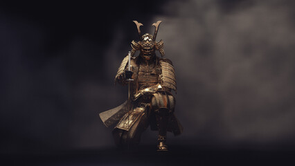 A samurai sits on one knee, wearing golden armor in fog. 3D illustration. - obrazy, fototapety, plakaty