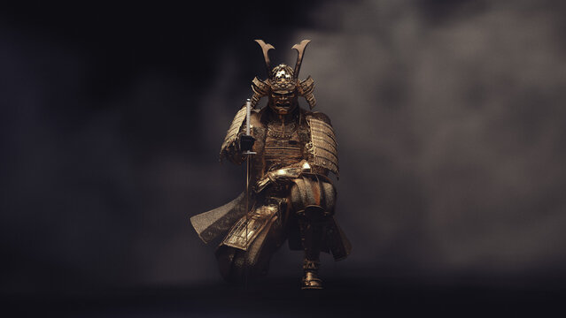 A samurai sits on one knee, wearing golden armor in fog. 3D illustration.