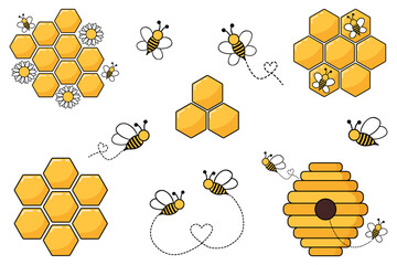 Honeycomb with flying bee cartoon on white background. Vector illustration. Hexagonal  honeycomb with bee and sweet honey inside. Honey icon set. Cute set with bees.