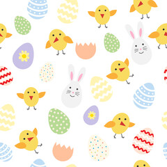 Fototapeta premium Seamless Easter background pattern with cute little chickens, rabbits and colorful eggs for wallpaper, gift paper, pattern fills, web page background, spring and Easter greeting cards