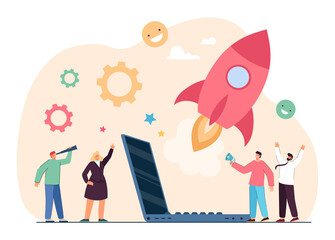 Naklejka na ściany i meble Team of tiny business persons launching rocket together. Company people with innovative idea flat vector illustration. Startup, entrepreneurship, development concept for banner or landing web page