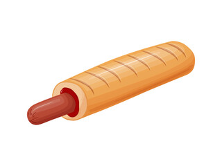 French Hot Dog. Illustration fast food in cartoon style. Sausage in a bun with ketchup.