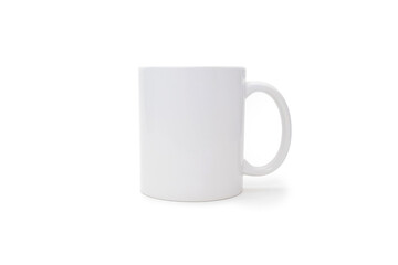 White mug on a white background in the center. Cup with any drink on an isolated white background. Cafe or snack concept. White mug with the possibility of applying advertising or logo
