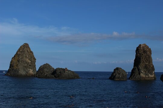 Italy, Sicily Island, Aci Trezza: View of Cyclops bay.