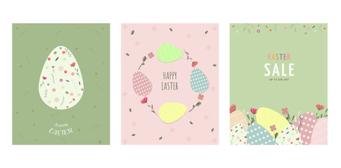 Happy Easter set of sale banners, greeting cards, posters, holiday covers or social media post.Vector design isolated on white background.