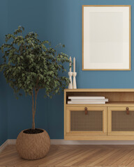 Wooden frame mockup, close up of cozy wooden living room in blue tones, lounge furniture, rattan commode with potted plant. Herringbone parquet. Scandinavian modern interior design