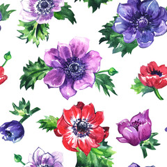 Seamless pattern of anemones on a white background, floral decor for fabric and for various products.
