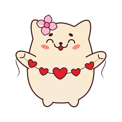 Cute white cat with a garland of hearts in the style of kawaii