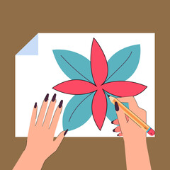 Top view of hand drawing flower on sheet of paper. Artist or art school student drawing with pencil flat vector illustration. Hobby, leisure, education, art concept for banner or landing web page