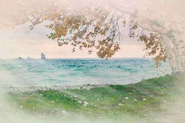 Chalk painting of lighthouse across Lake Huron with beautiful birch tree in autumn.  Watercolor of waves on the bay and grass in the foreground.  